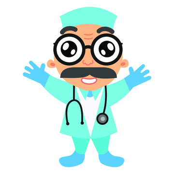 Cheerful doctor in flat style on a white background. Attending physician with a welcoming emotion. A man with a mustache wearing glasses and a robe. Pediatrician welcoming patients. Vector image.