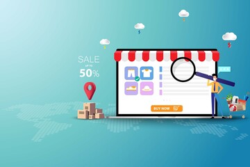 Concept of online shopping, young man wear a medical face mask and hold a big magnifier to focus on the screen of laptop that contain list of products and description to order a new pant.