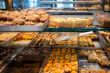 Traditional Greek pastries in a bakery on the island of Paros. Cyclades, Greece
