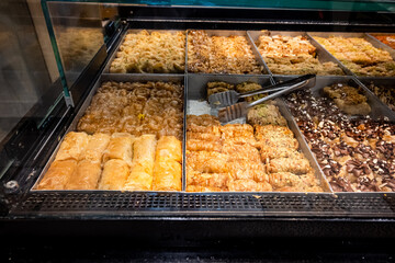 Traditional Greek pastries in a bakery on the island of Paros. Cyclades, Greece