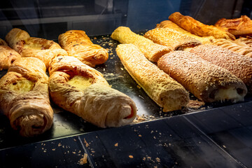 Traditional Greek pastries in a bakery on the island of Paros. Cyclades, Greece - obrazy, fototapety, plakaty