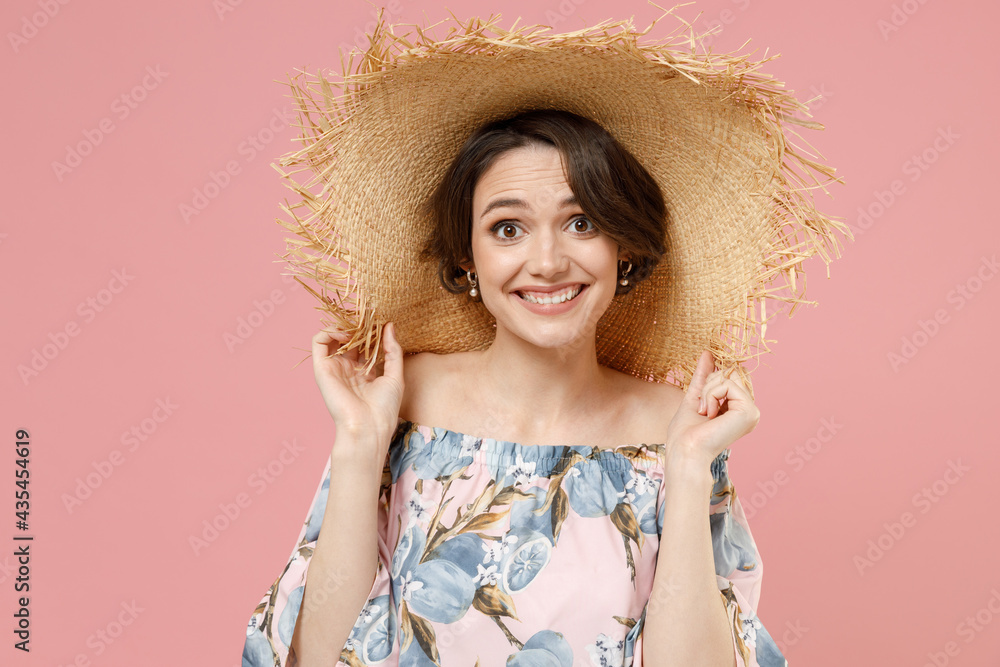 Wall mural young smiling happy fashionable amazed surprised caucasian woman with short hairdo in trendy blouse 