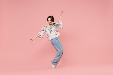 Full length young joyful cool cheerful shocked fun woman with short hairdo wear trendy blouse stand...