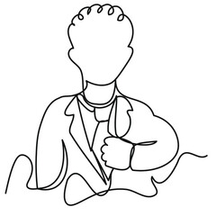 Businessman in cartoon style in one line. A man in a business suit straightens his tie. Vector illustration of a successful salesperson for presentation, booklets, banners, printing.
