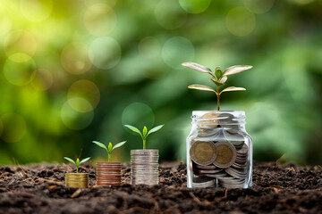 Small plants growing on piles of money and coin bottles on soil business and investment growth...