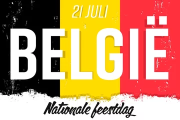 Fototapeten "21 Juli Nationale feestdag van België" - 21 of July Belgian Independence Day, banner with grunge brush. Flag of Belgium, national tricolor in original colors. © Denis Sined