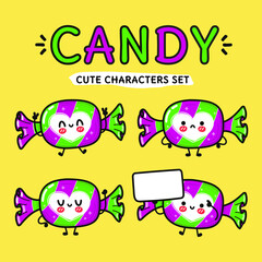 Funny cute happy Candy characters bundle set. Vector kawaii line cartoon style illustration. Cute Candy mascot character collection
