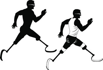 Obraz premium Black and white image of a disabled person running on prostheses vector illustration