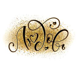 Love - russian lettering with gold background, black calligraphy with bright sparks, vector illustration