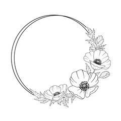 Poppy round frame. Flowers, buds, leaves of poppy and the frame in the form of a circle. Hand drawn black vector illustration in linear style for your design.