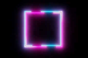 Modern futuristic abstract blue, red and pink neon glowing light square frame design in dark room background