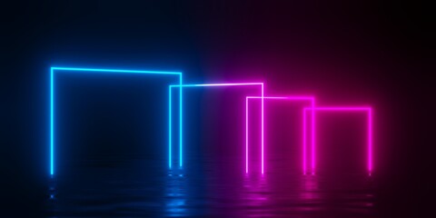 Multiple modern futuristic abstract blue, red and pink neon glowing light squares gates offset in dark room background with reflective floor