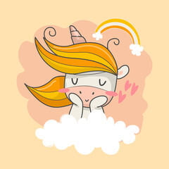 Pensive unicorn with hearts and clouds