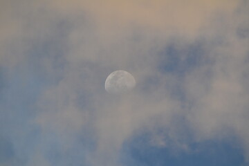Half moon behind the clouds in the afternoon