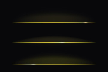 Vector set of 3 different light lines. Gold bright borders isolated on the dark background. It can be used as a decorative design element or divider. EPS10 file.