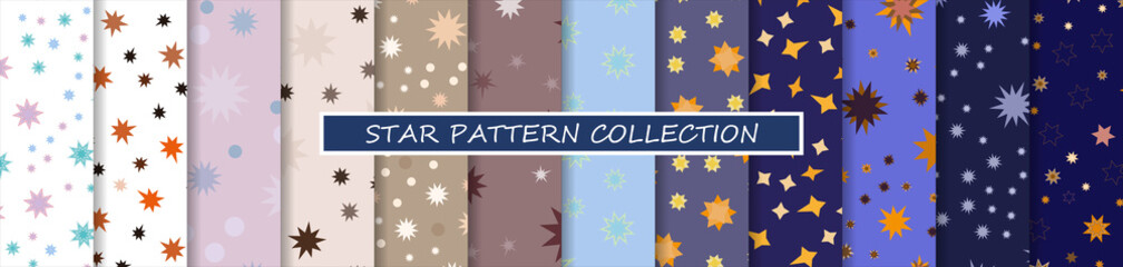 Star pattern set. 12 seamless repeating space background with different cosmic flashes in the sky, for baby, kid, child. For textiles, fabrics and printing. Packaging design, wrapping paper. Vector © TaMih
