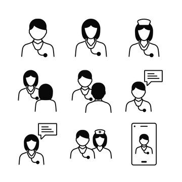 Doctor And Nurse Line Icons Set. Contains Such Icons As Consulting Services, Live Chat, Direct Consultation, And More.