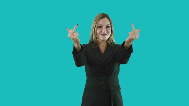 adult woman shows middle finger with two hands