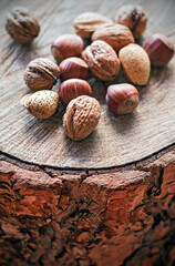 Varied nuts on wooden trunk