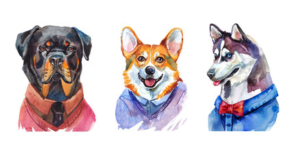 Set of three cute dogs in clothes: Rottweiler, corgi, husky isolated on a white background in color. Watercolour. Banner. The poster. Sketch. Wallpaper. Print. Book. Calendar.