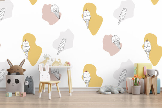 Mock up wall in the children's room in cream color wall background.