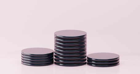 Empty background of a shelf for products. An empty podium or pedestal on a pink background concept form a dark multi-layered cylinder. 3D rendering.