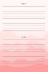 to do tasks list and notes with column and row lining. planner template. Design for diary notebook notepad on multi-colored sheets with abstract bright background of gradient peaks of mountains