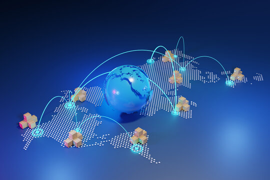 world wide shipping concept with package boxes on world globe map.  Express delivery concept, fast shipping, 3d rendering