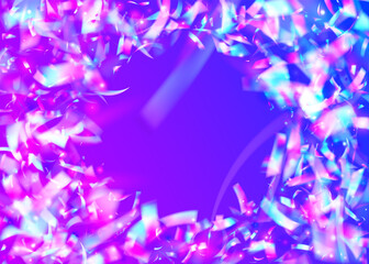 Transparent Texture. Shiny Flyer. Fantasy Foil. Digital Art. Metal Festival Decoration. Glitch Glare. Falling Sparkles. Purple Laser Tinsel. Blue Transparent Texture