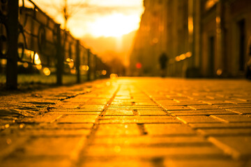 Streets in the light of the autumn sun, pedestrians walk on the sidewalk. The view from the sidewalk level