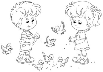 Happy little children feeding with corn a small flock of merry sparrows and titmice, black and white outline vector cartoon illustration for a coloring book page