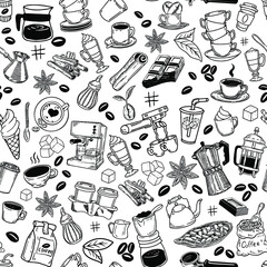 Coffee seamless pattern, vector background. Cute drinks, hot drinks flat line icons - coffee machine, beans, cups. Repeated textures for cafe menu, store wrapping paper.