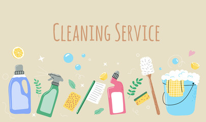 Set of eco household cleaning supplies, detergent bottles and washing tools, sponge,bucket,broom,spray liquid.