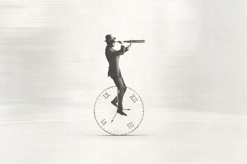 Obraz Ilustracja Pośpiechu Biznesmena Jadącego na Zabytkowym Zegarze