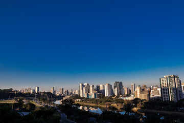 City skyline, with Marginal Avenue and Pinheiros River in the foreground, in the south zone of Sao Paulo, Brazil