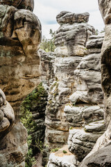 Ostas Nature Reserve and table mountain,Broumov region,Czech republic.View of rocks,caves,bizarre sandstone formations.Small natural town with labyrinth of rocks.Protected area.Romantic rocky canyon