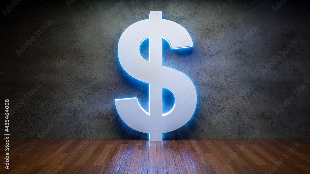 Poster symbol of dollar glowing in empty concrete room as currency sign，3d rendering