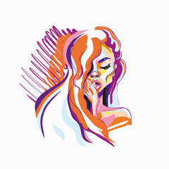 Hand-drawn young beautiful girl with nude makeup and unusual red hair. Fashion illustration of a stylish look. Vector elements for greeting card, invitation, poster, T-shirt design, postcard.