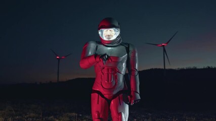 Astronaut checking location data on advanced gadget. Animation of futuristic display. Spaceman exploration mission. Future Technology Concept. Augmented reality holograms. Renewable electric power