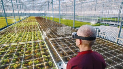 Futuristic agriculture technology of harvest growing control in greenhouse. Worker monitors progress via smart VR headset. Greenery data collection and watering by artificial intelligence. Agro crops - Powered by Adobe