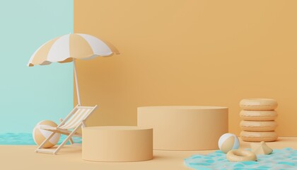3d render of Abstract minimal  display podium for showing products or cosmetic presentation with summer beach scene. Summer time. © TANATPON