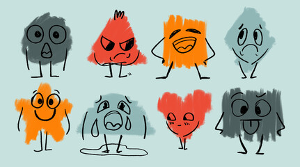 Set of 8 colorful emotion shapes happy sad angry surprised shy mood swings