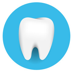 White healthy tooth on a blue round background. Realistic vector illustration.