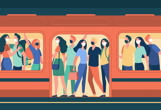 Crowd People Masks Standing Subway Train Public Transport Passengers Commuters Flat Vector Illustration Covid Epidemic Protection