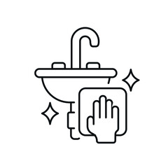 Hand wiping faucet linear icon. Disinfection of plumbing. Thin line customizable illustration. Contour symbol. Vector isolated outline drawing. Editable stroke