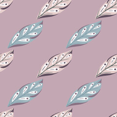 Decorative seamless pattern with blue and pink pastel leaf ornament. Lilac background. Foliage abstract print.