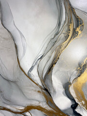 Abstract grey art with gold — black and whited background with beautiful smudges and stains made with alcohol ink and golden pigment. Gray fluid art texture resembles marble, watercolor or aquarelle.