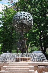 A beautiful fountain in the public garden on Pyatnitskaya street. Moscow, Russia, 22 name 2021.