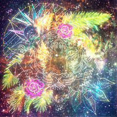 Cosmic tiger with tropic leaves retro © AnnaPa