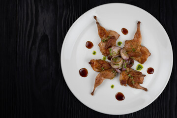 Roasted quails with vegetable - obrazy, fototapety, plakaty